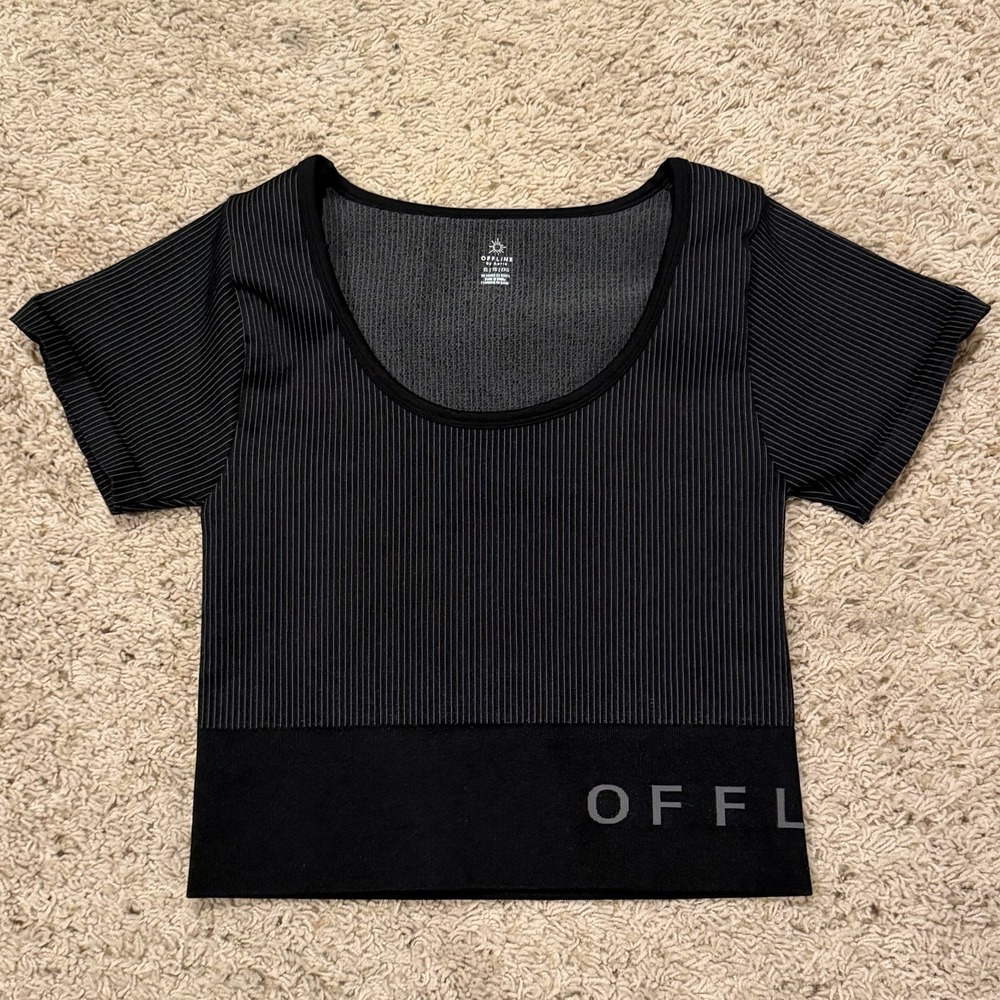 Offline by Aerie Black Ribbed Active Crop Top Women's XL Athleisure Activewear